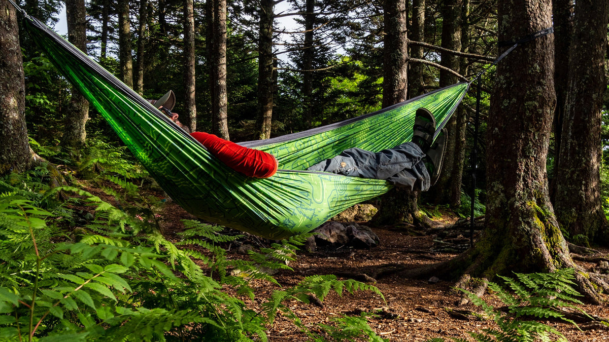A man lays in his Leave No Trace DoubleNest Hammock Print from ENO, surrounded by ferns in the woods.