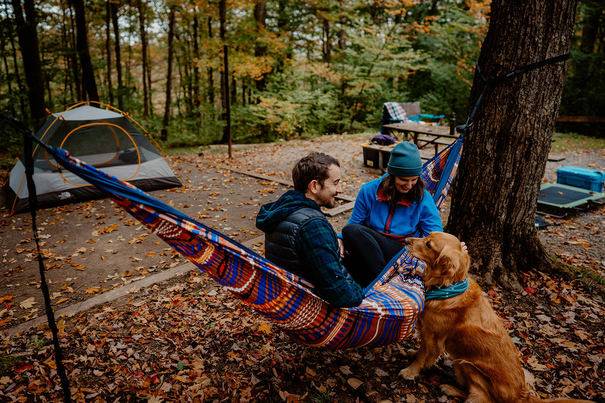 A couple in an ENO DoubleNest Hammock Print while peting a dog and a campground in the background