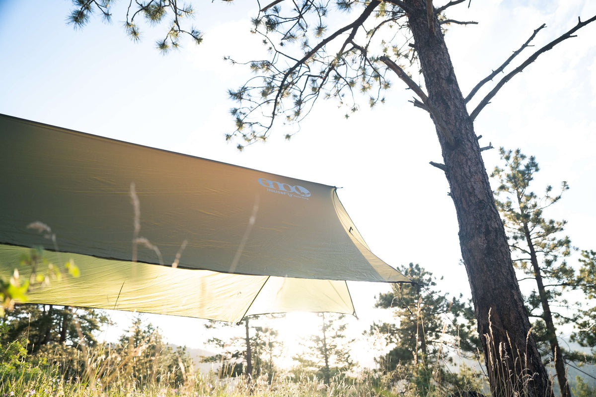 ENO HouseFly hung between two trees with sun shining through