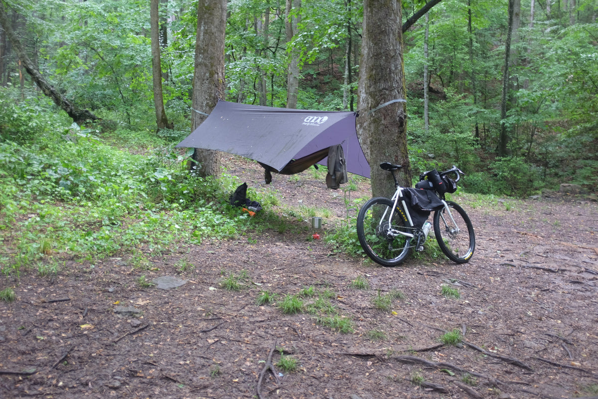 A bike resting on a tree that has an ENO Hammock and an ENO rain tarp strung up