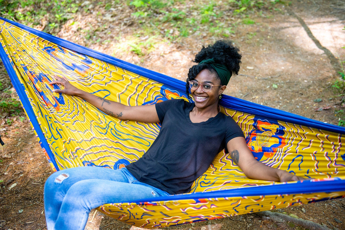 A woman in an ENO hammock