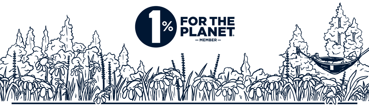 Illustration of a person using a hammock in a forest setting with the 1% for the Planet logo above.