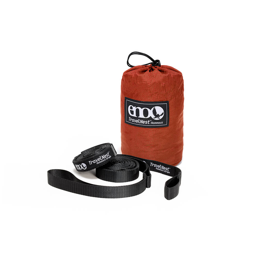 Studio image of the TravelNest Hammock + Straps Combo packed in it's included stuff sack with rolled up straps set out in front.