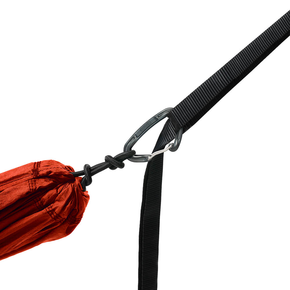 Studio image of the TravelNest Hammock + Straps Combo carabiner connected to the included hammock straps.