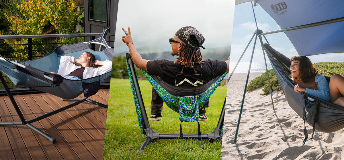 Collage of people using ENO Hammock Stands in different settings: indoors, outdoors on grass, and at the beach.