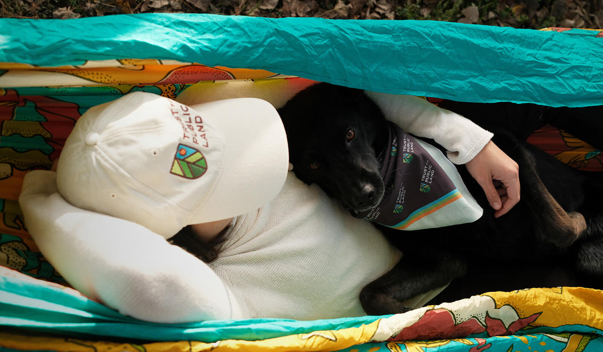 Person and dog lying on an ENO DoubleNest Giving Back Hammock