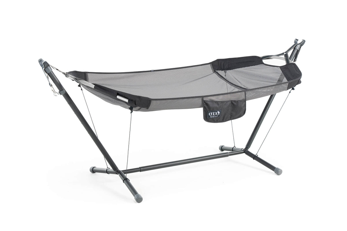 ENO Hammock Stand Tether System connecting the ENO Parkway Adjustable Hammock Stand to the ENO DayLoft Hammock to prevent it from tipping.