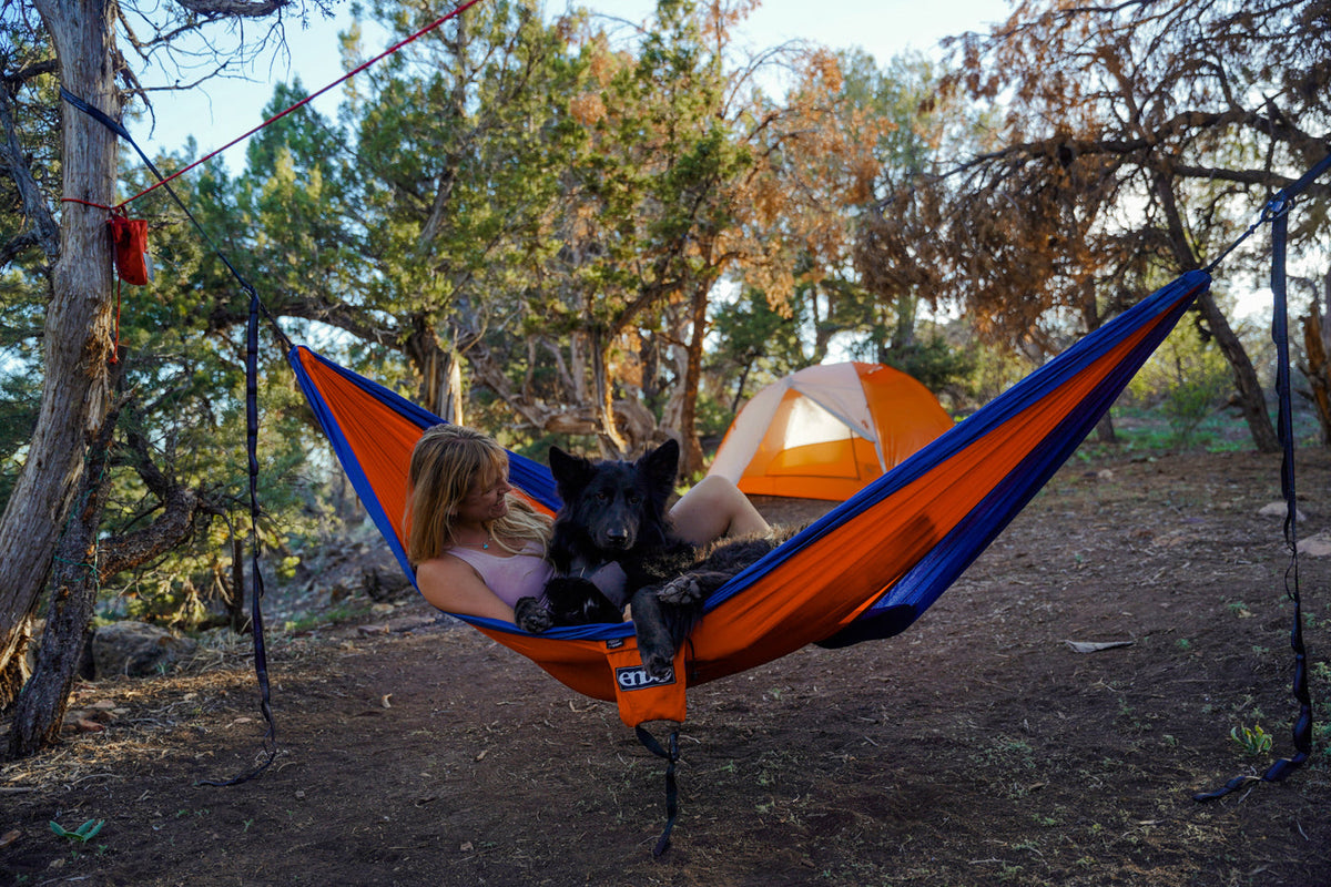 A girl and a dog in an ENO hammock with a tent in the background