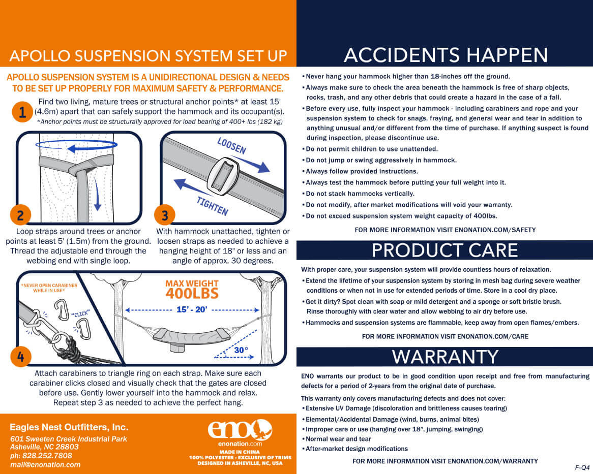 ENO Apollo Hammock Straps Setup, Safety, Care, Warranty, and Usage Guidelines