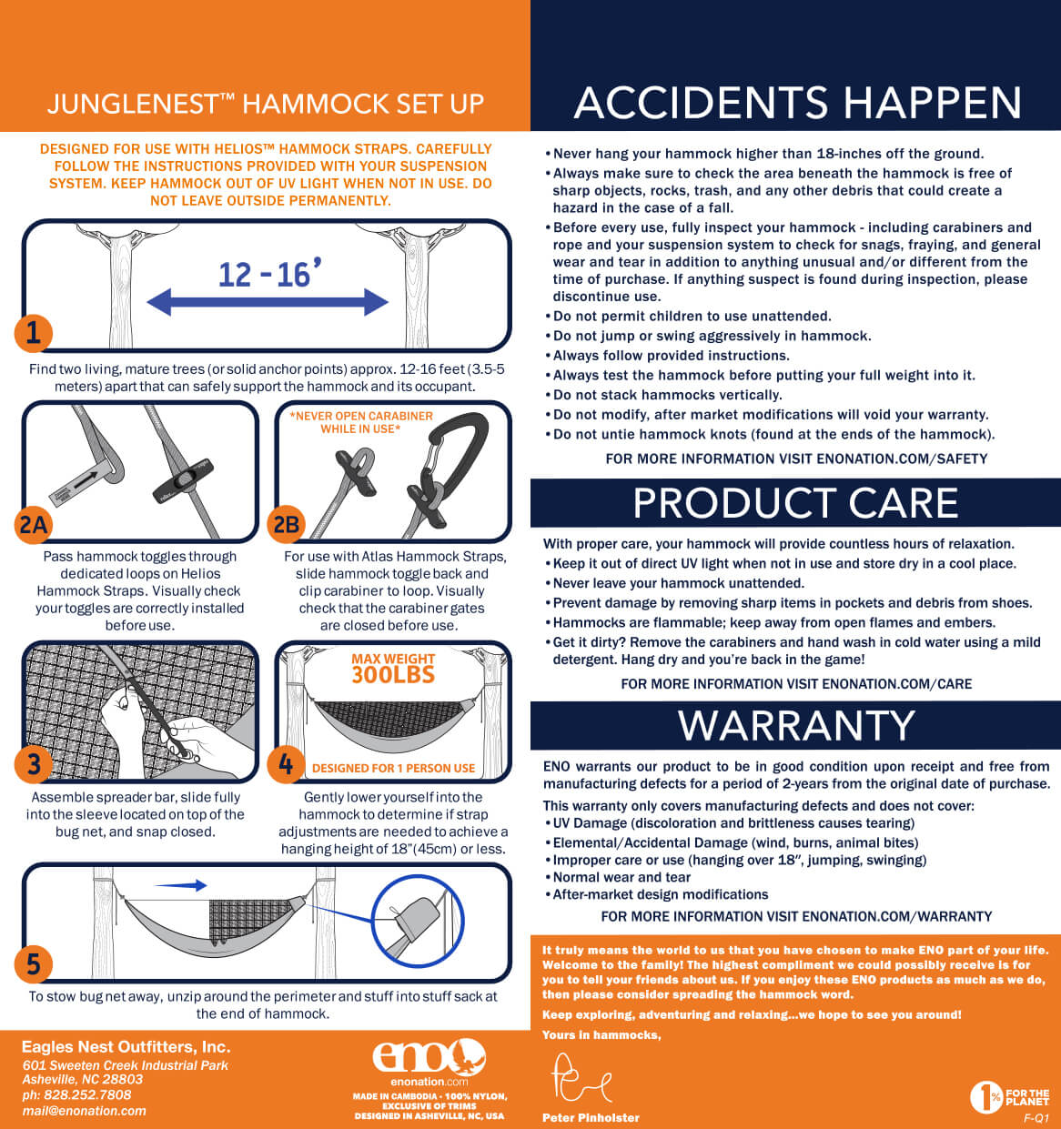 ENO JungleNest Hammock Setup, Safety, Care, Warranty, and Usage Guidelines