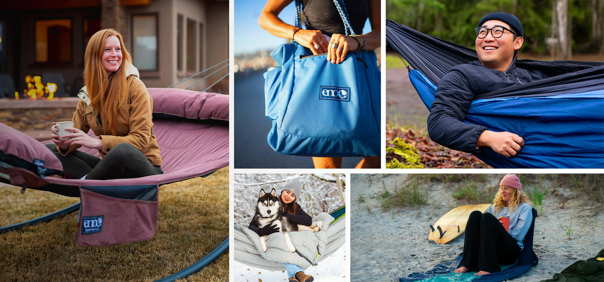 A collage of people using ENO hammocks and bags outdoors.