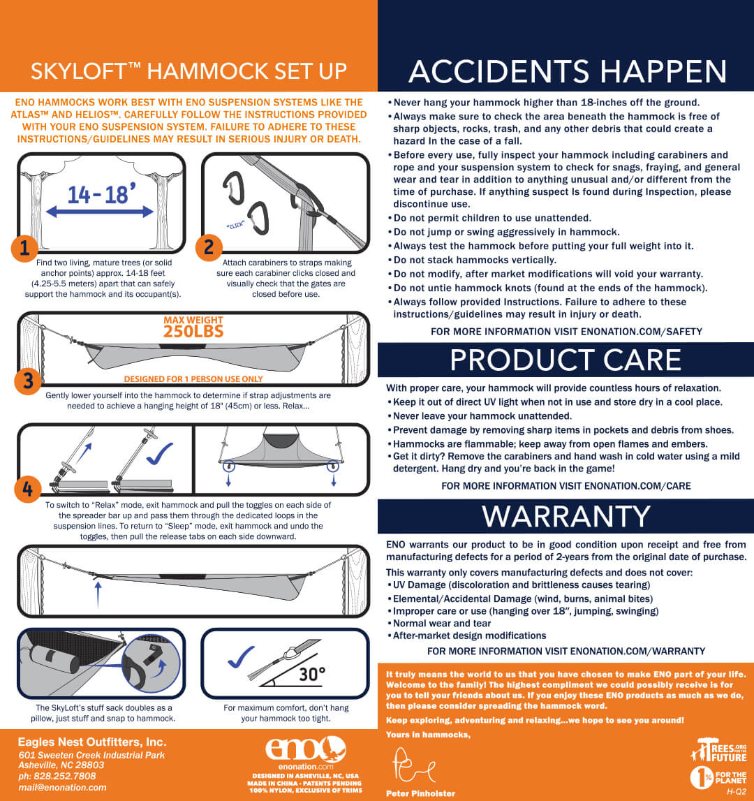 ENO SkyLoft Hammock Setup, Safety, Care, Warranty, and Usage Guidelines