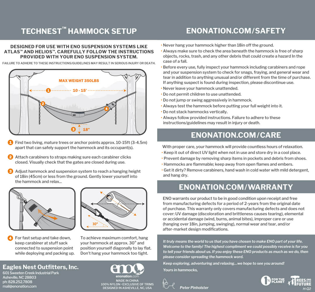 ENO TechNest Hammock  Setup, Safety, Care, Warranty, and Usage Guidelines