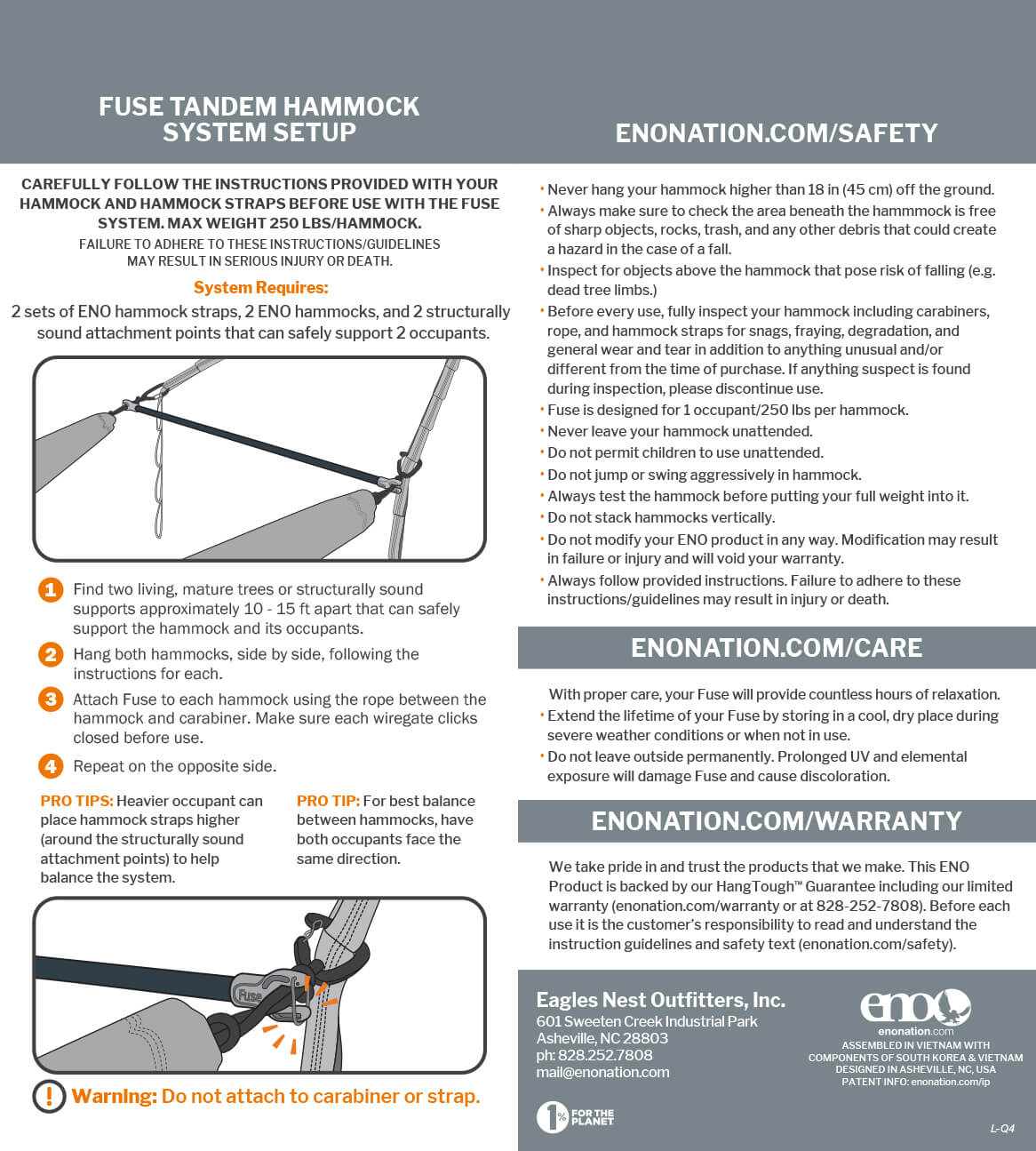 Fuse Tandem Hammock System setup guide with ENONATION.COM/Safety, Care, and Warranty information.