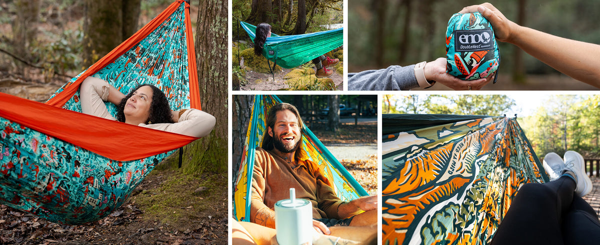 Collage of people using colorful ENO Giving Back Hammocks in a forest setting.