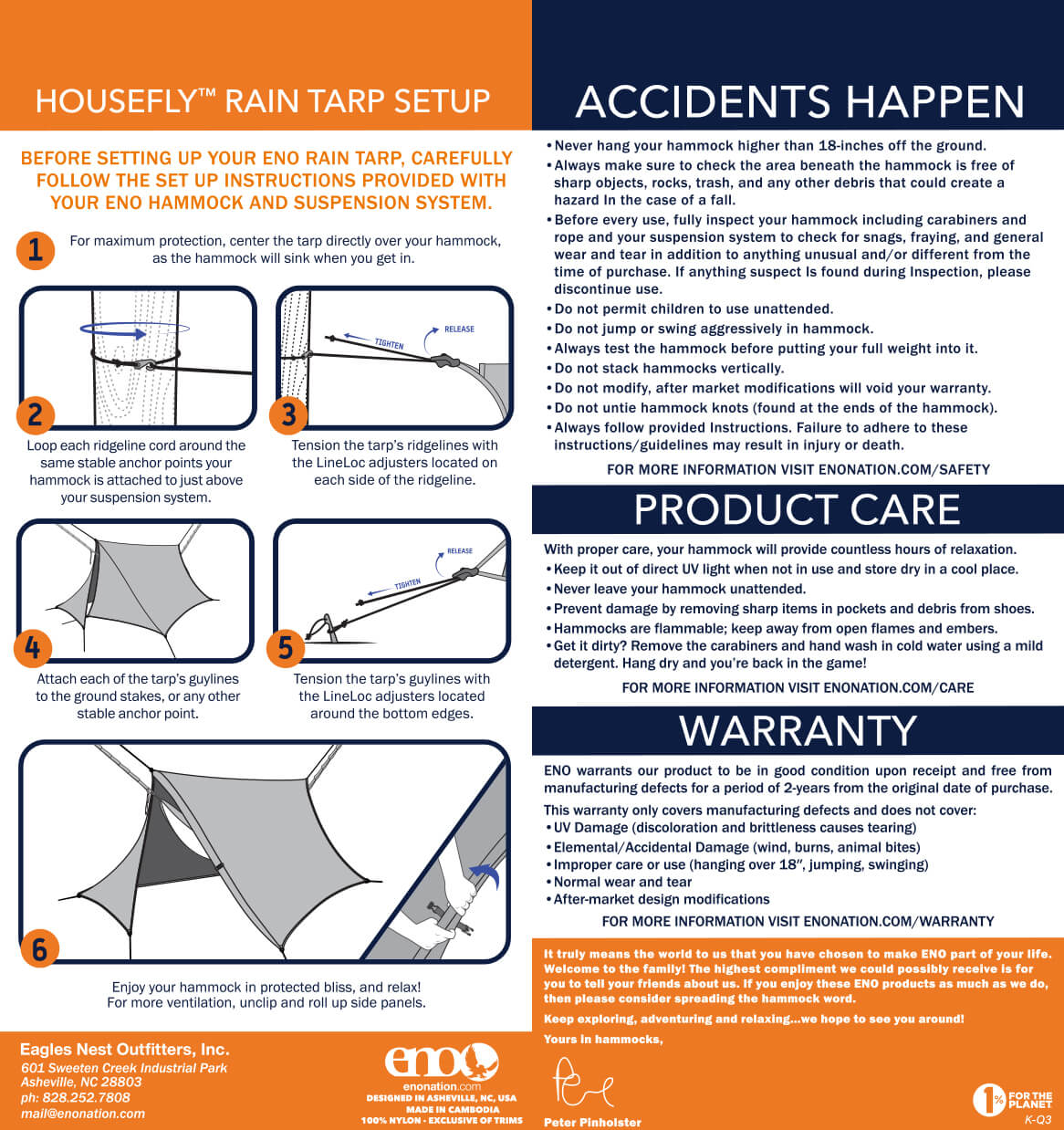 Eagles Nest Outfitters, ENO HouseFly Rain Tarp Setup, Safety, Care, Warranty, and Usage Guidelines