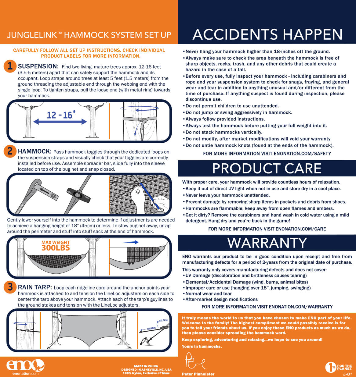 ENO JungleLink Hammock Camping System Setup, Care, Warranty, and Safety Information