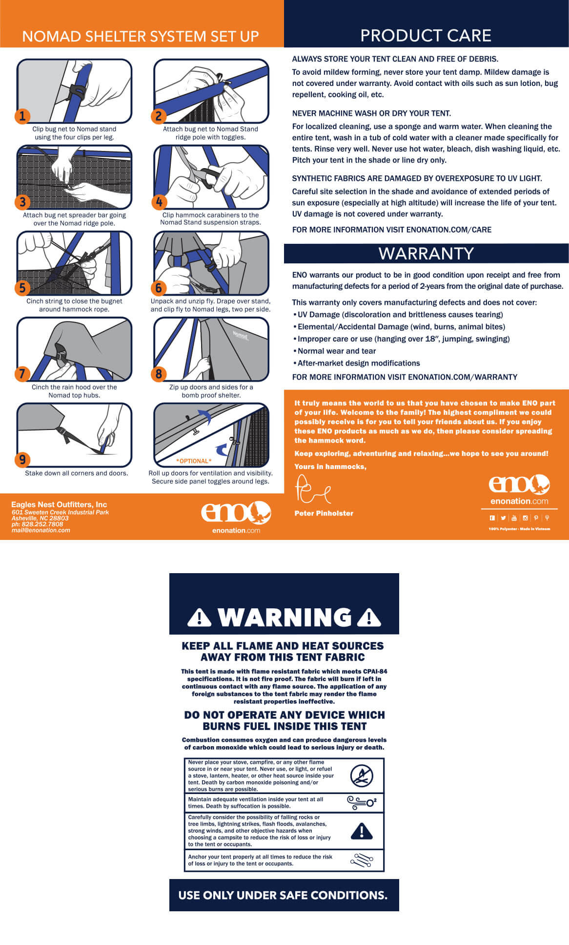 ENO Nomad Hammock Camping Shelter System Setup, Safety, Care, Warranty, and Usage Guidelines