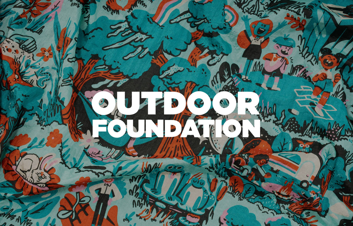 Patterned fabric with the Outdoor Foundation Logo overlay