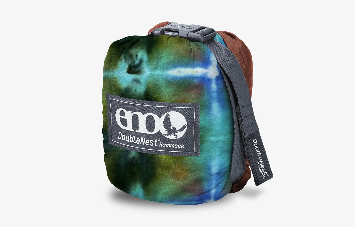 Packed up ENO DoubleNest Hammock Print in Shibori Fig in hammock stuff sack