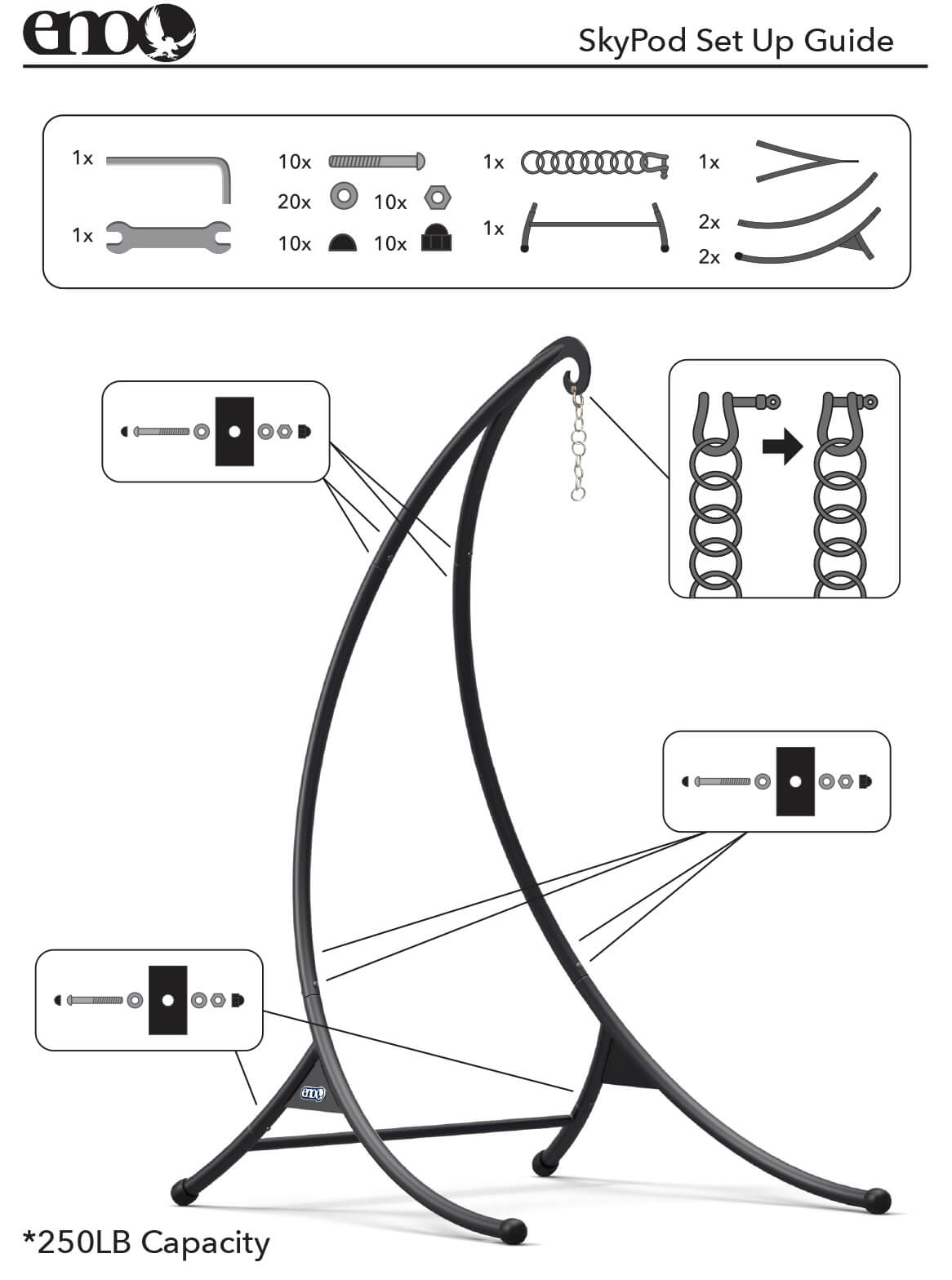 ENO SkyPod Hanging Chair Stand Setup, Safety, Care, Warranty, and Usage Guidelines