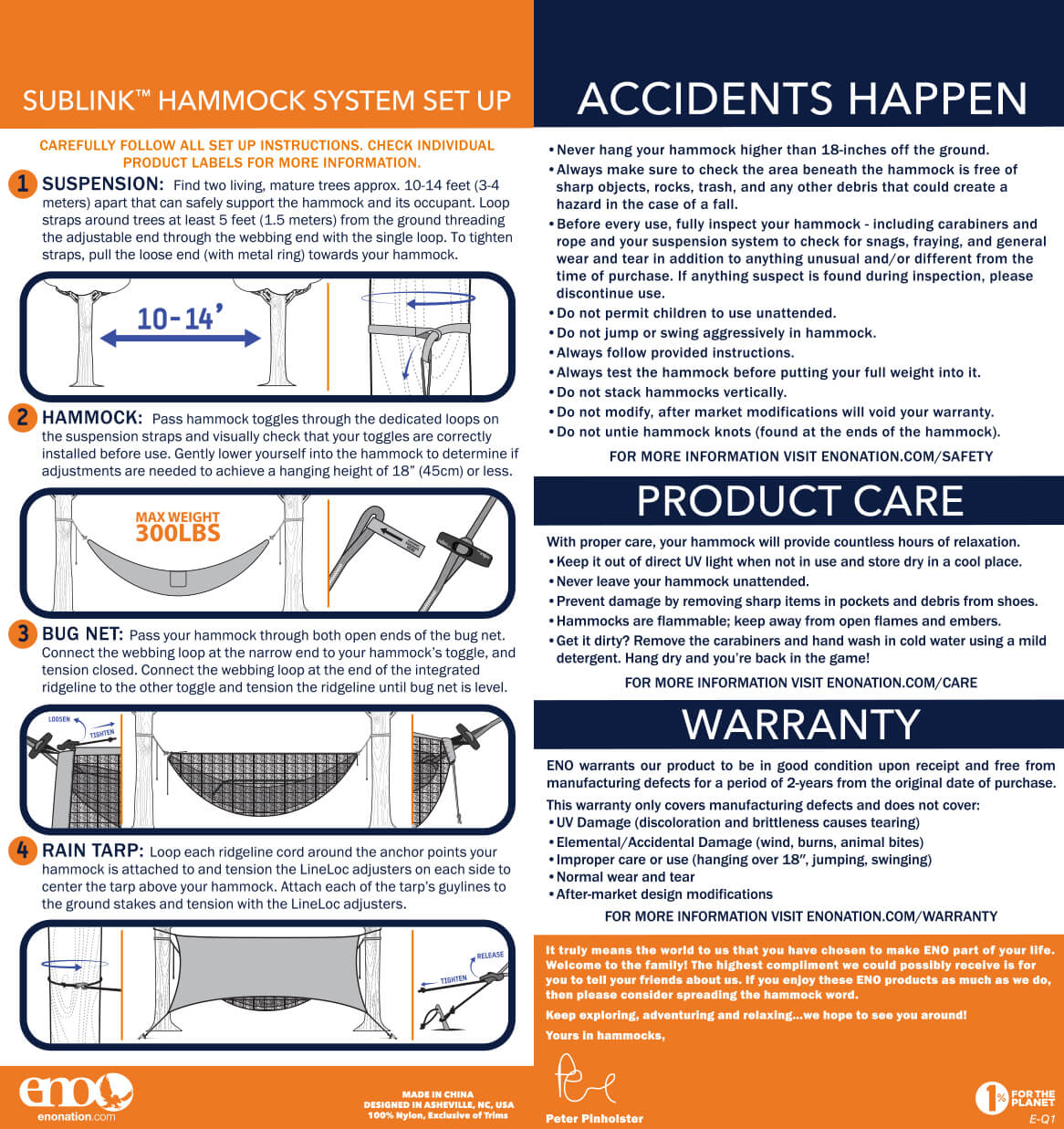 ENO SubLink Ultralight Hammock Camping System Setup, Care, Warranty, and Safety Information