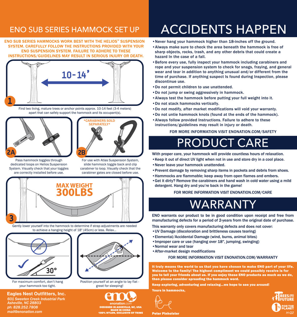 ENO Sub 6 Ultralight Hammock and ENO SuperSub Hammock Setup, Care, Safety, and Warranty